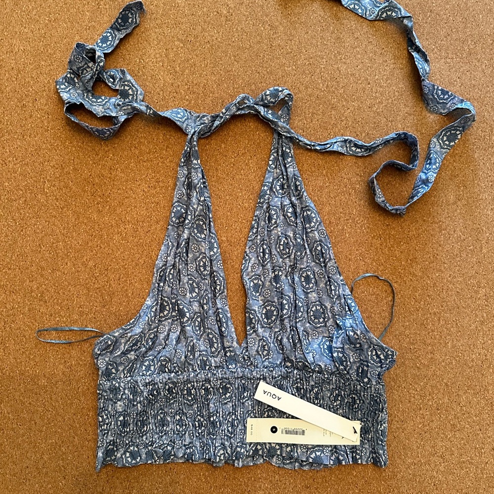 AQUA BLOOMINGDALES Medallion Halter Crop Top Womens Size Small Blue 75509PTT NWT